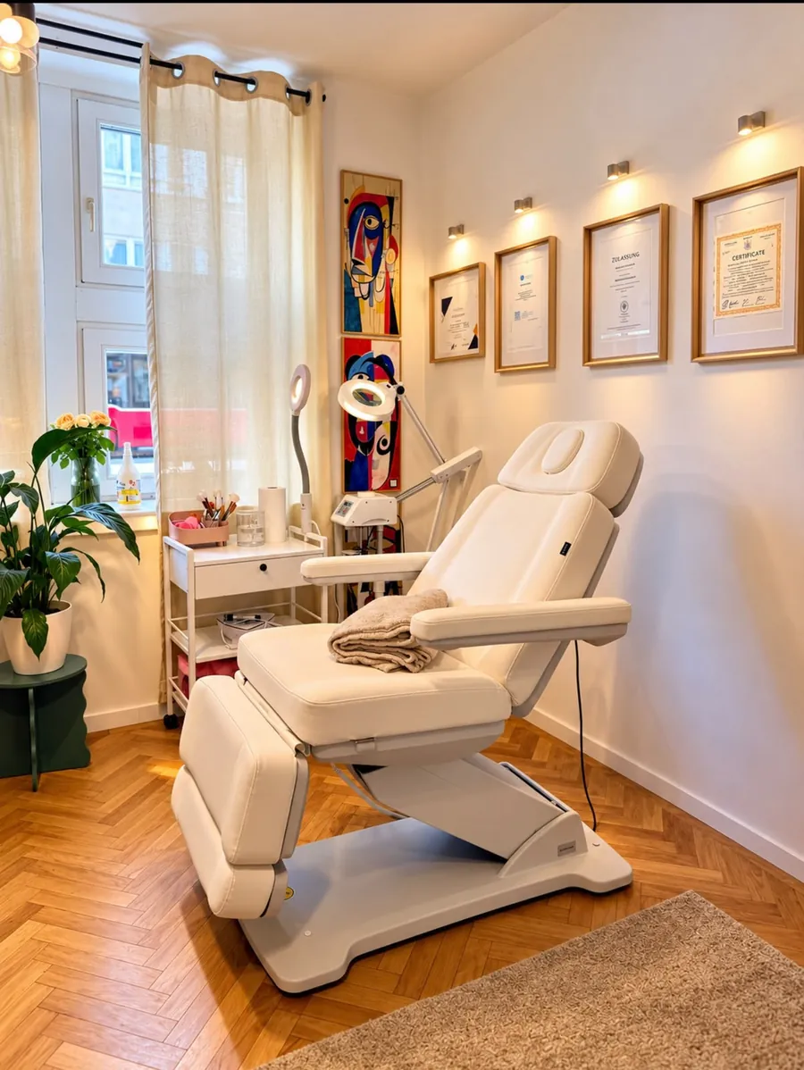 Behandlungsraum von Rox Beauty in Wien mit Kosmetikliege und Zertifikaten